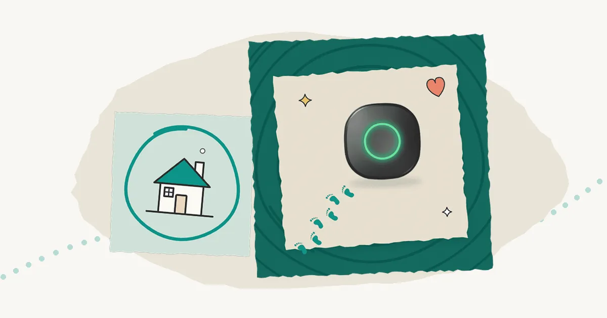 Illustration of the StepSafe tracker on a teal paper card with a trail of small footprints, beside a house inside a drawn safe zone circle.