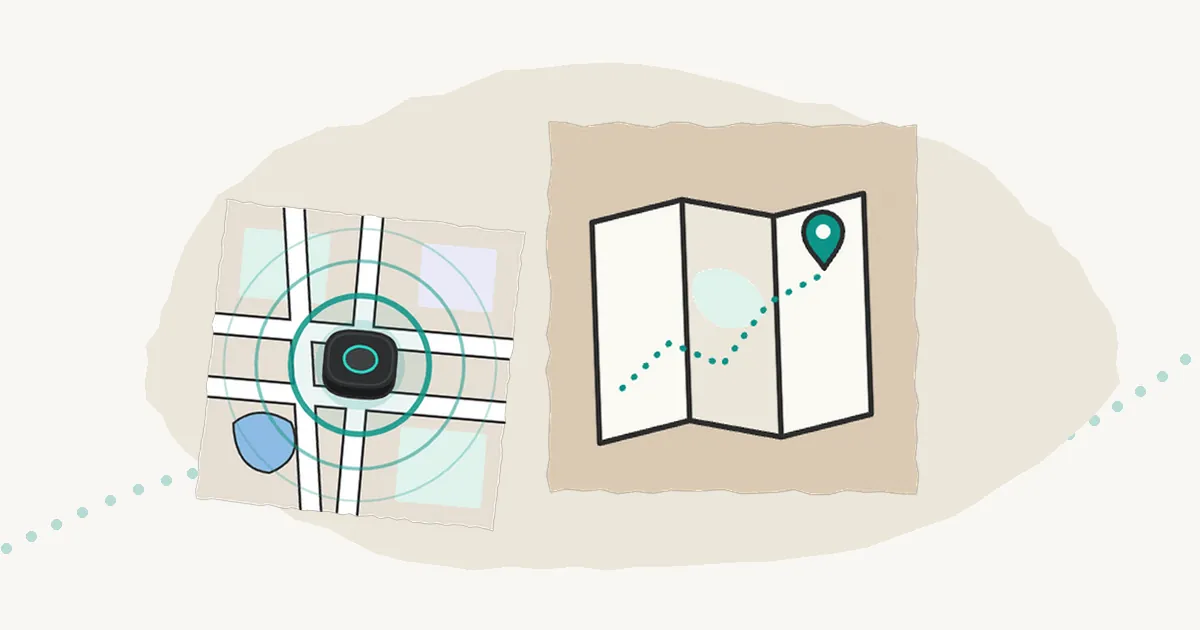 Illustration of a folded paper map with a dotted route and a location pin, beside a small street map with signal rings around a tracker.