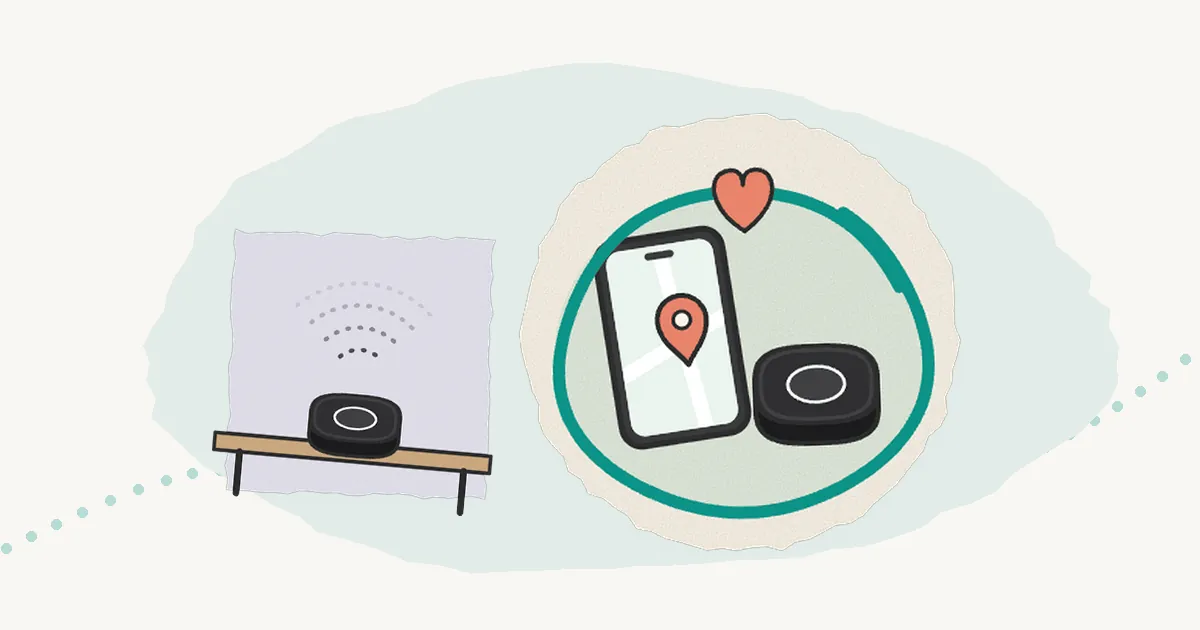 Illustration of a phone showing a map pin next to a small tracker, beside a tracker sending out signal waves.