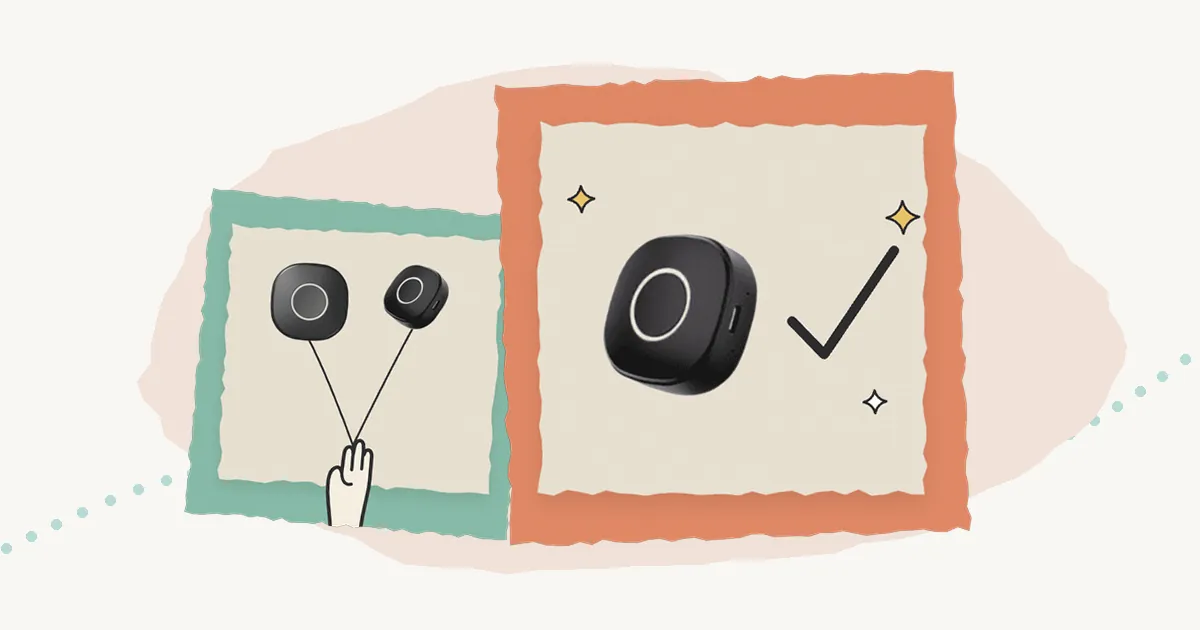 Illustration of the StepSafe tracker with a check mark on an orange paper frame, beside two trackers held like balloons.