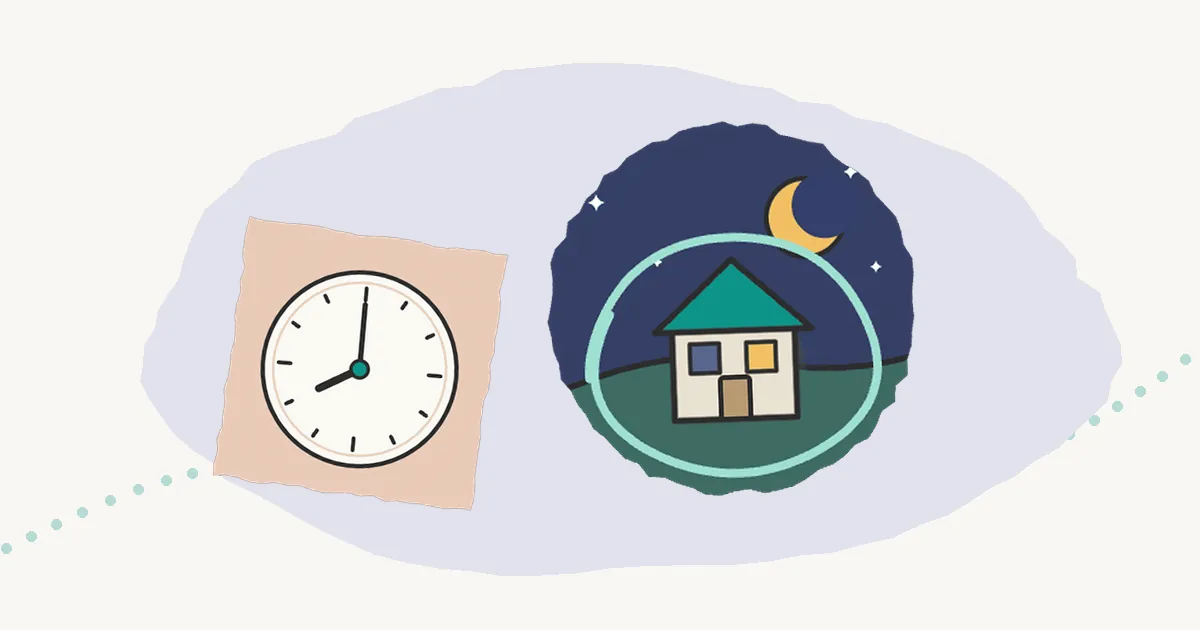 Illustration of a house at night under a crescent moon inside a circle, beside a simple wall clock.
