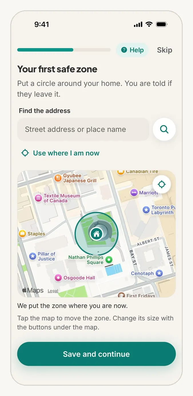 StepSafe app screen titled Your first safe zone, showing a teal circle drawn around a home on a street map, with a Save and continue button.