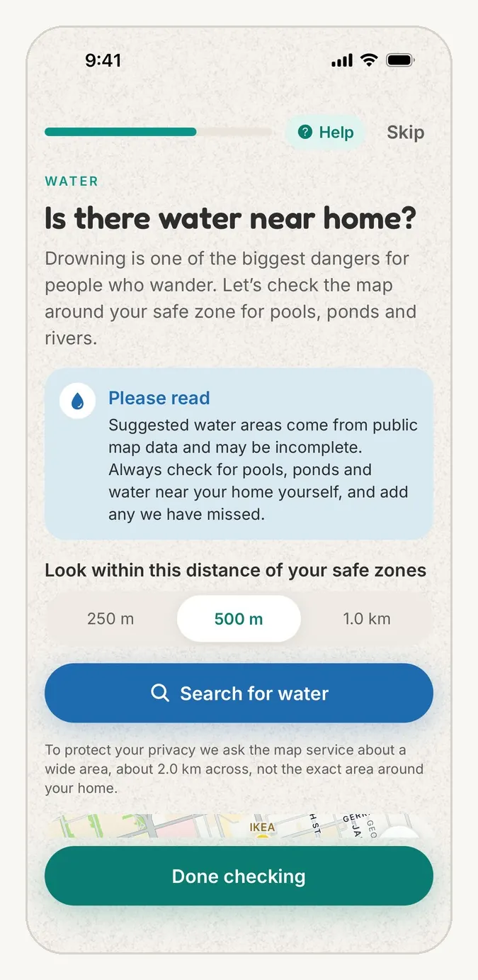 StepSafe app screen titled Is there water near home?, explaining that suggested water areas come from public map data and asking parents to check for pools, ponds and rivers themselves, with a search distance and a Search for water button.
