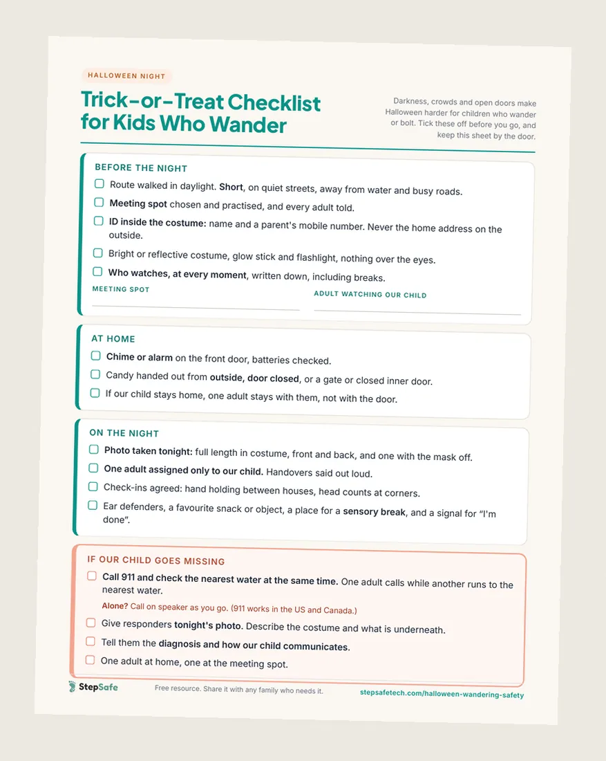 Preview of the free Halloween night checklist for kids who wander, with tick boxes grouped into before the night, at home, on the night, and if our child goes missing, starting with calling 911 and checking the nearest water at the same time.