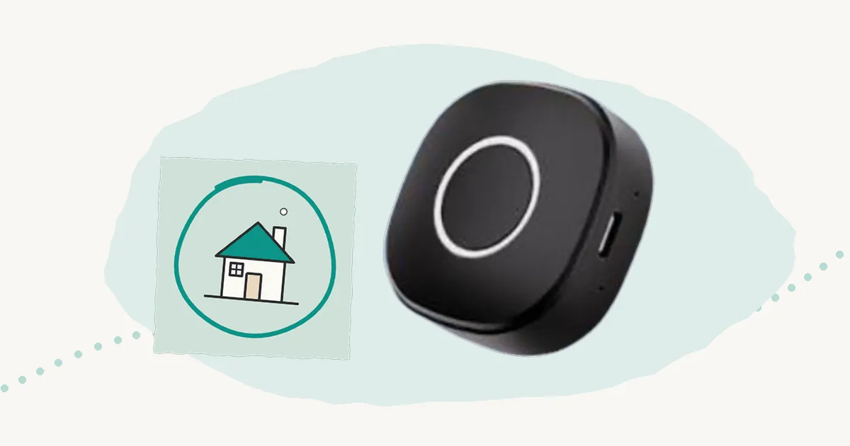 Illustration of the StepSafe tracker, a small black rounded square, beside a drawn safe zone circle around a house.