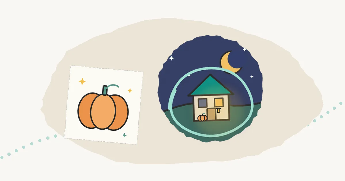 Illustration of a house at night under a crescent moon inside a soft circle, its porch light on and a small pumpkin by the door, beside a plain pumpkin on a paper card.