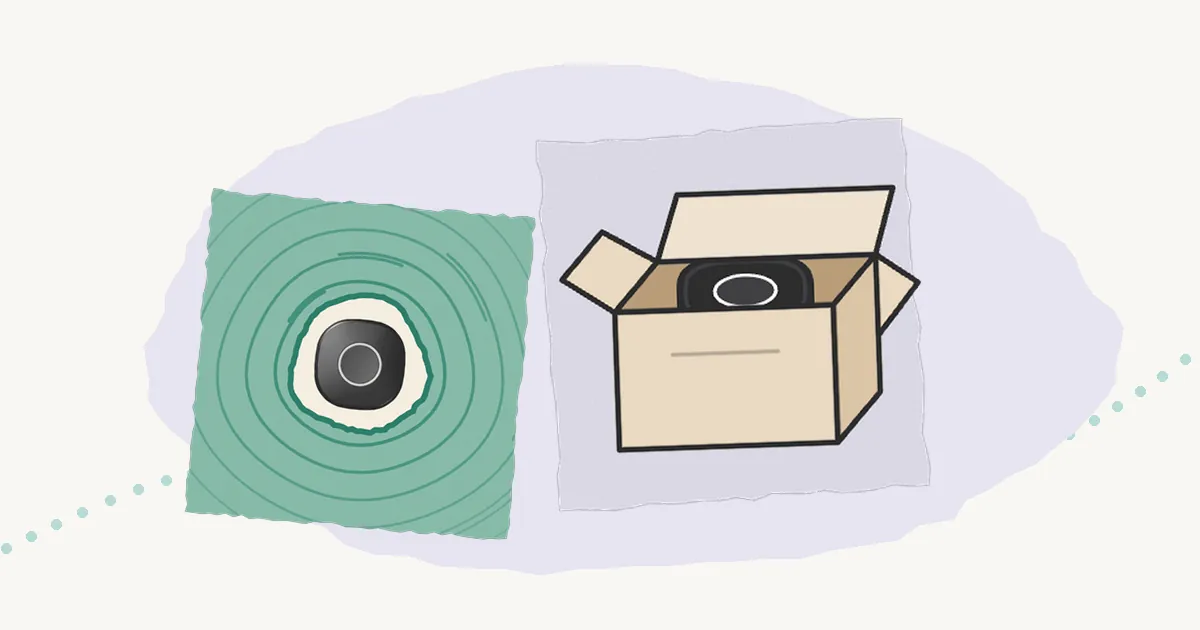 Illustration of an open cardboard box with a StepSafe tracker inside, beside a tracker in the middle of teal rings.