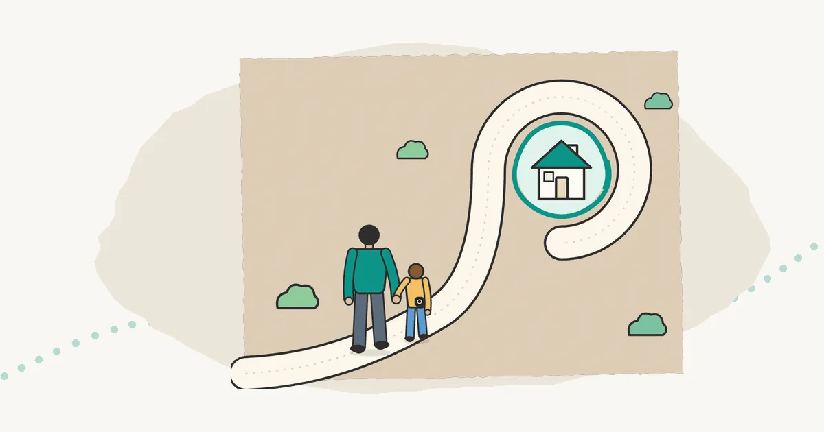 Illustration of an adult and a child walking hand in hand along a winding path toward a home inside a circle.