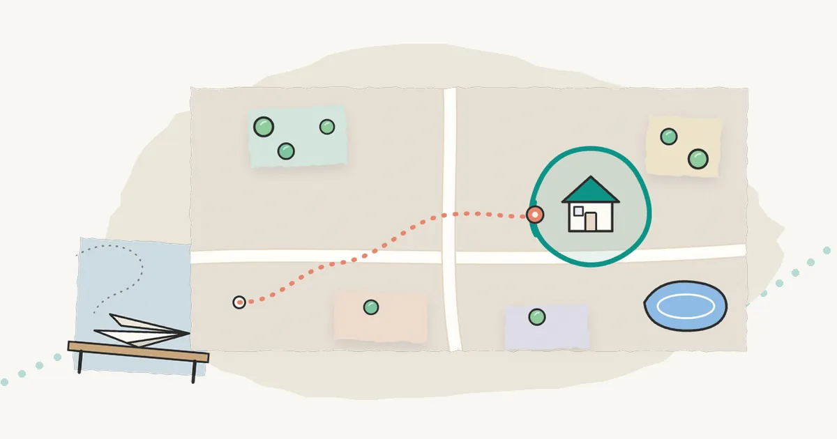 Illustrated map with a dotted route leading to a home inside a circle, beside a paper plane on a desk.