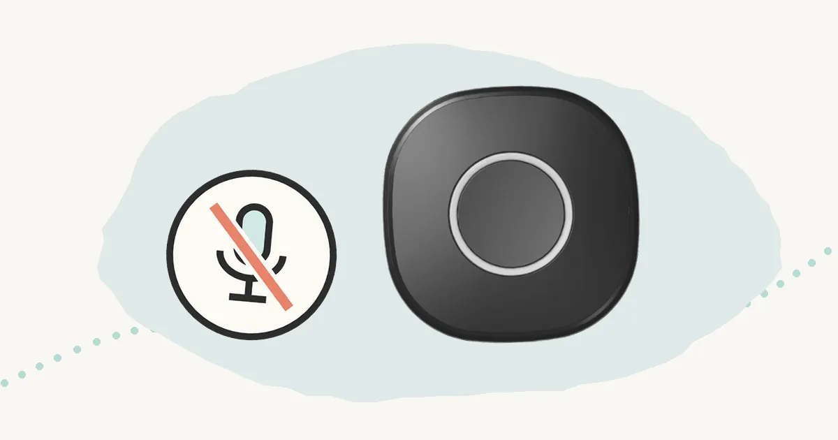 The StepSafe tracker seen from the front, beside a drawn microphone icon with a line through it.
