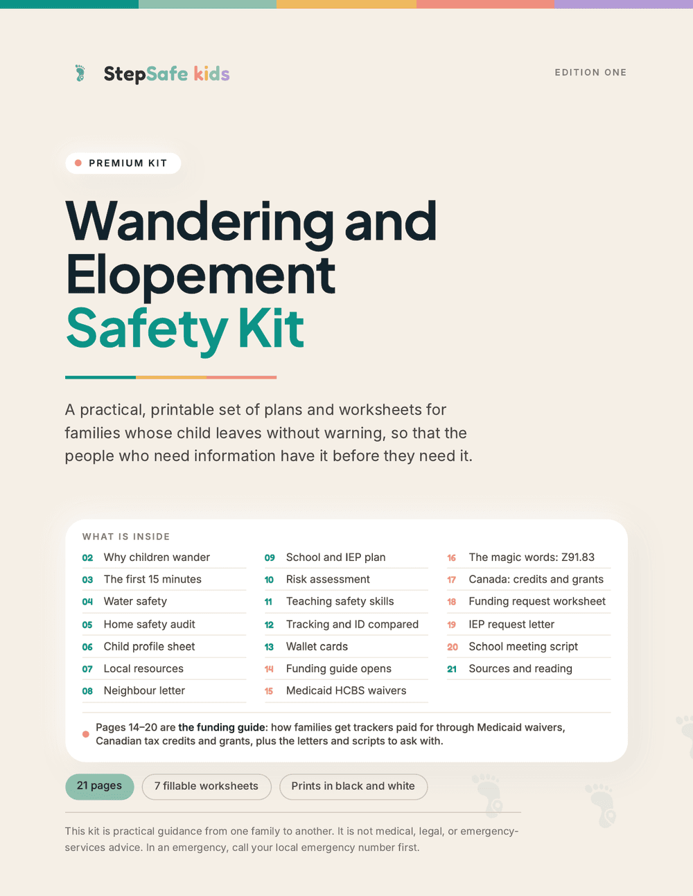 Cover of the StepSafe Wandering and Elopement Safety Kit, showing the contents of all 21 pages