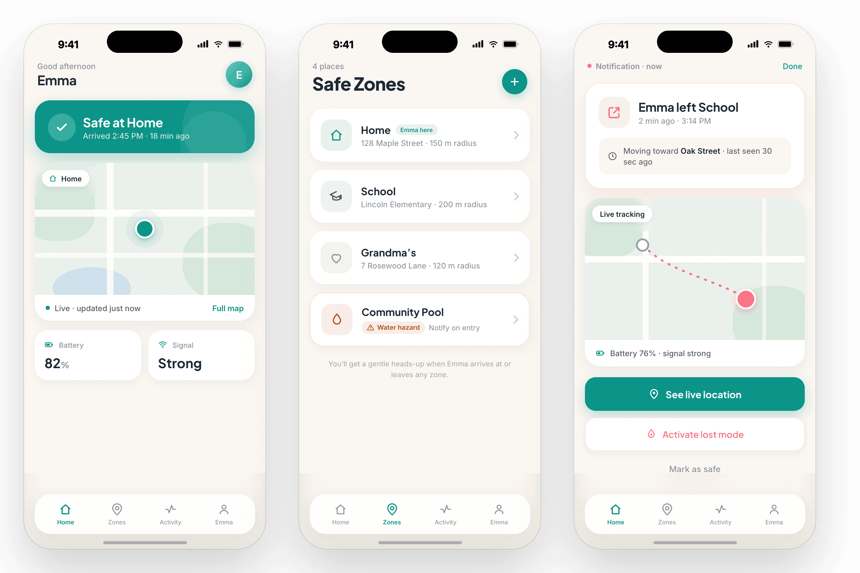 The StepSafe app showing live location on a map, safe zones, and alerts.